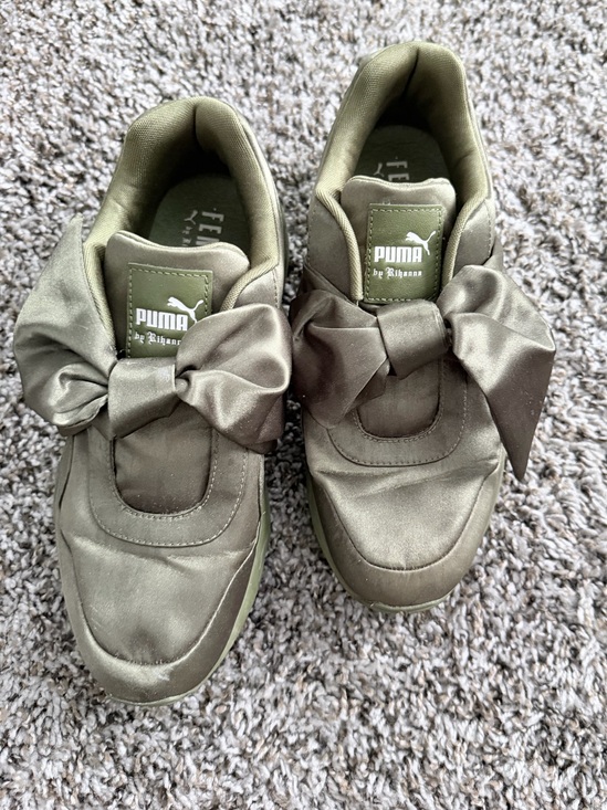 Puma Shoes - PUMA FENTY Olive Satin Platform Sneakers with Bow Detail